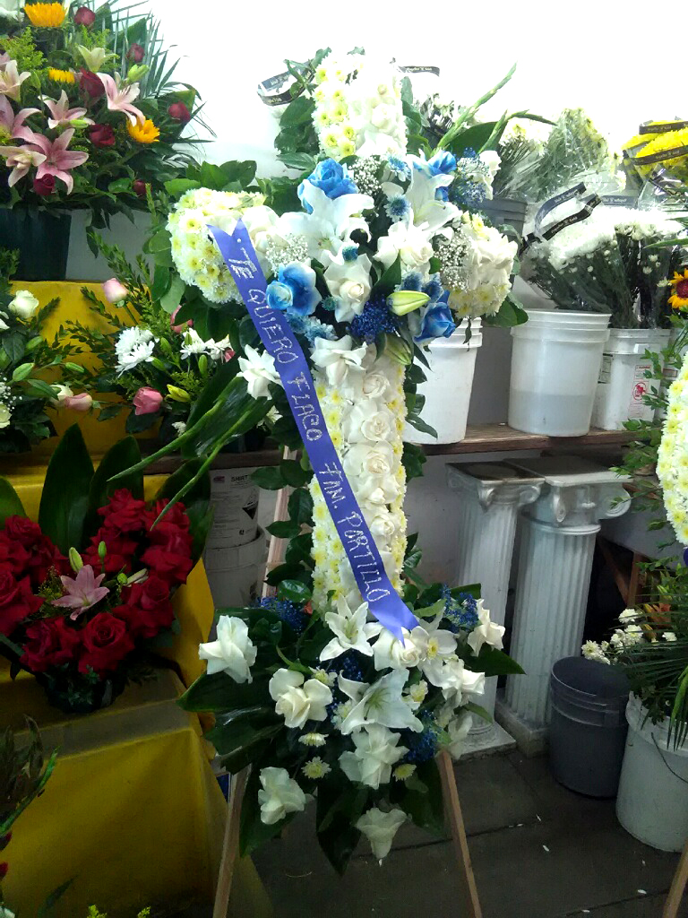 WHITE ELEGANT STANDING CROSS WITH BLUE DETAILS Flower Delivery La